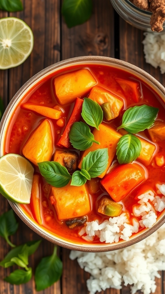 A bowl of spicy red curry with vegetables and protein in coconut milk sauce, garnished with basil, served over rice on a wooden table.